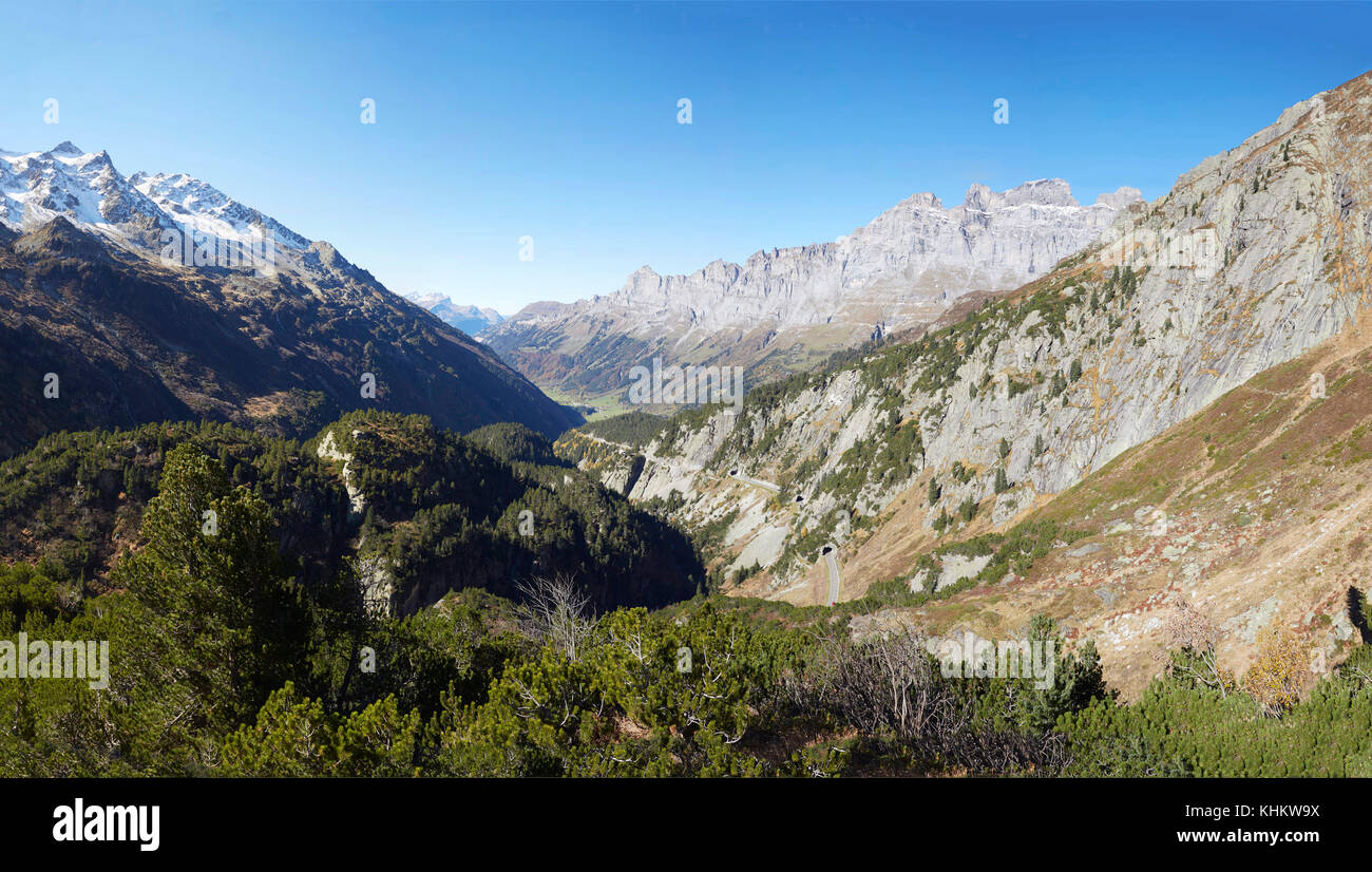 View from the Susten Pass opened in 1945 links Reuss Valle, Gotthard Mountain with the Hasli Valley in Bernese Overland & Wassen Village in Canton Uri Stock Photo