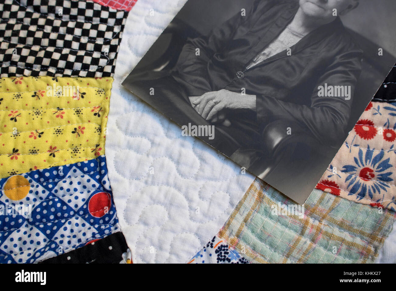 1930's Quilt with Photo of Hands that Made It Stock Photo