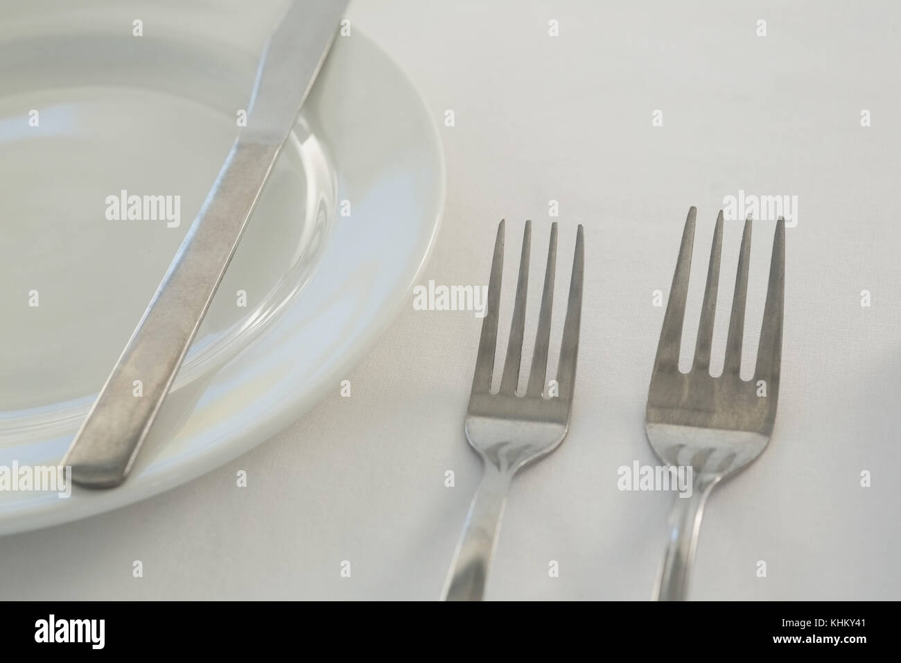 Closeup of fork and butter knife with plate Stock Photo Alamy