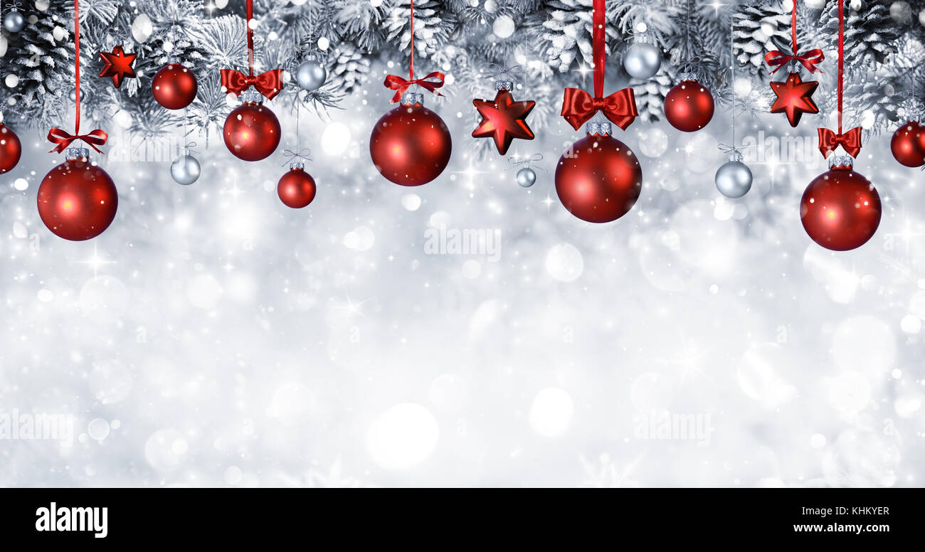 Christmas Balls Hanging With Snowy Fir branches Stock Photo - Alamy