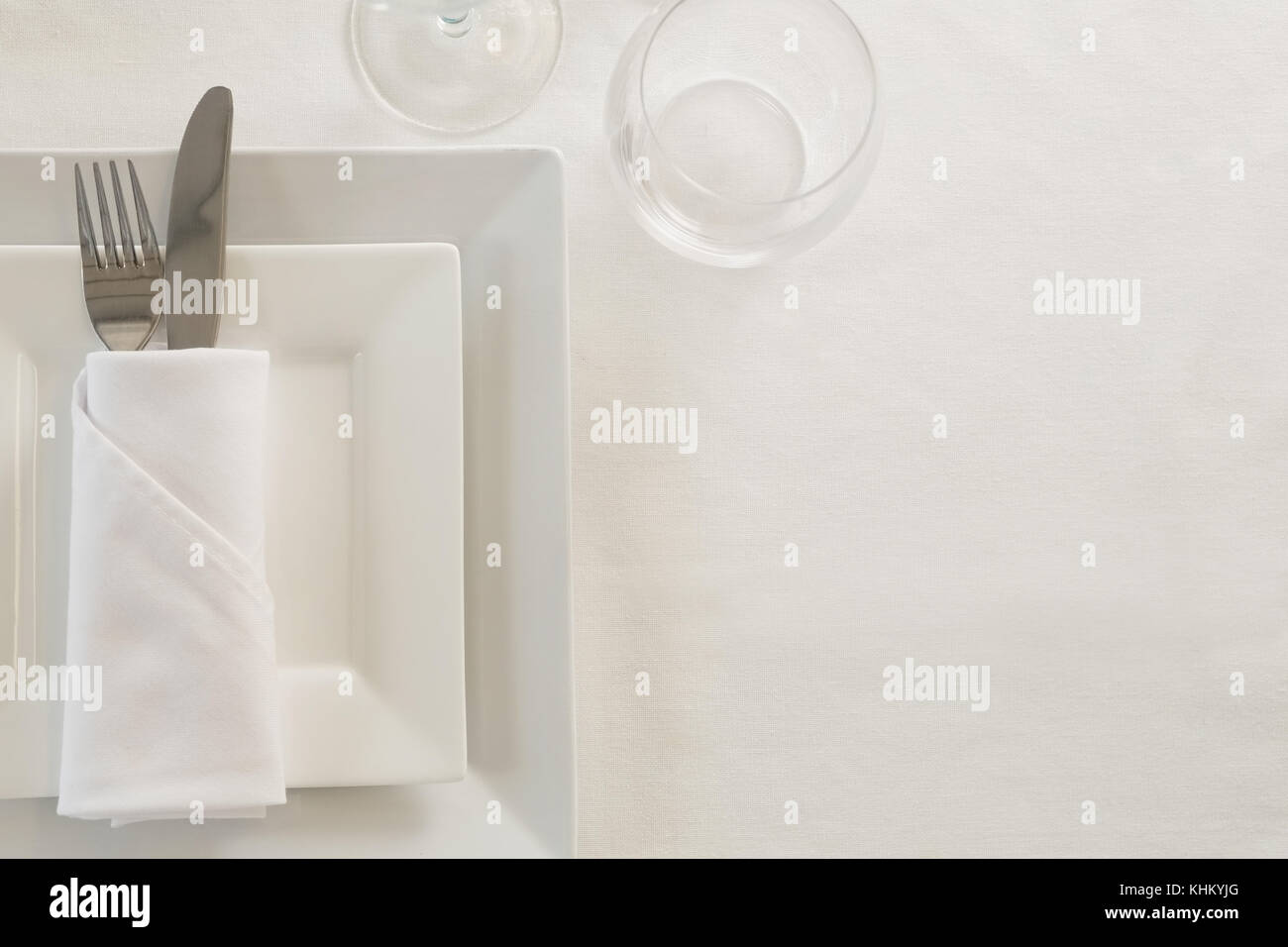 Overhead view of elegant white table setting Stock Photo Alamy