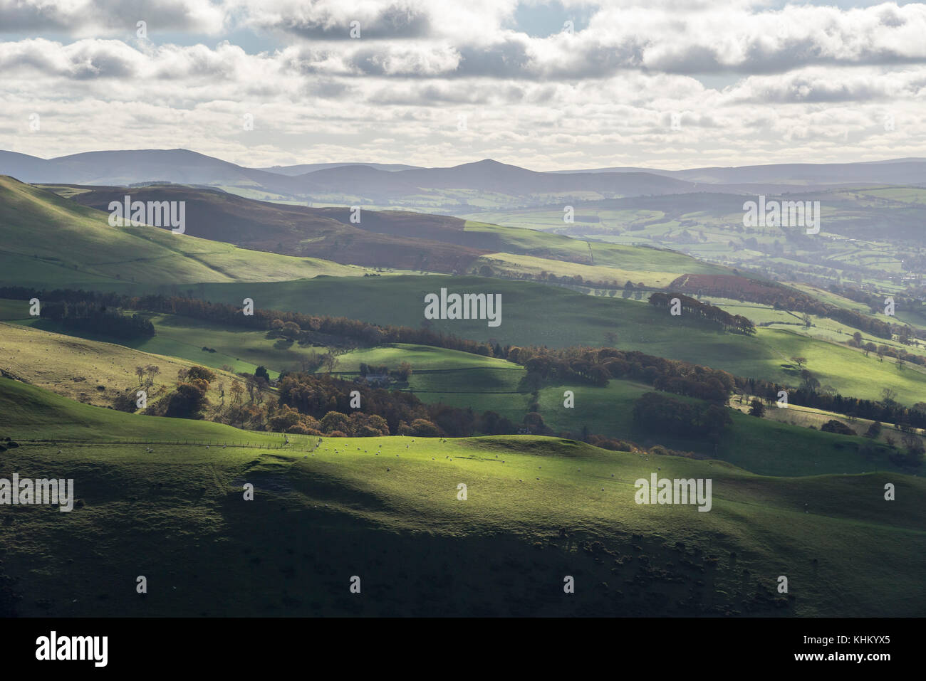 Beautiful view from Foel Fenlli in the Clwydian range, North Wales on an autumn day. Stock Photo