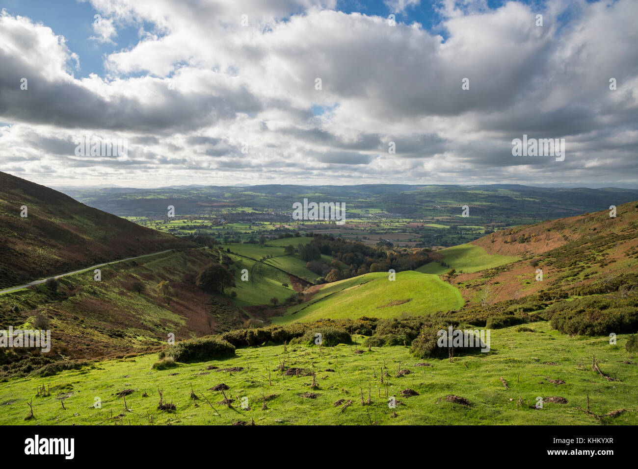Viewpoint at Bwlch Penbarra car park at Moel Famau country park, Wales. Beautiful view of the Vale of Clwyd. Stock Photo