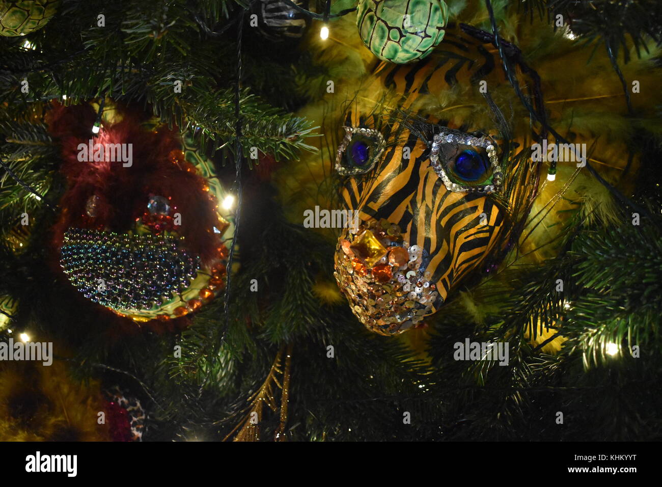 Waddesdon Manor: Christmas 2017, Enchanted Menagerie. Fantasy animals inspired by Waddesdon's collections, adorn trees at the Manor for Christmas 2017 Stock Photo