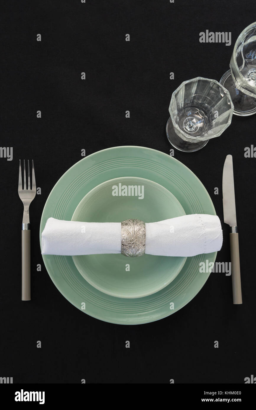 Overhead view of table setting, close-up Stock Photo - Alamy