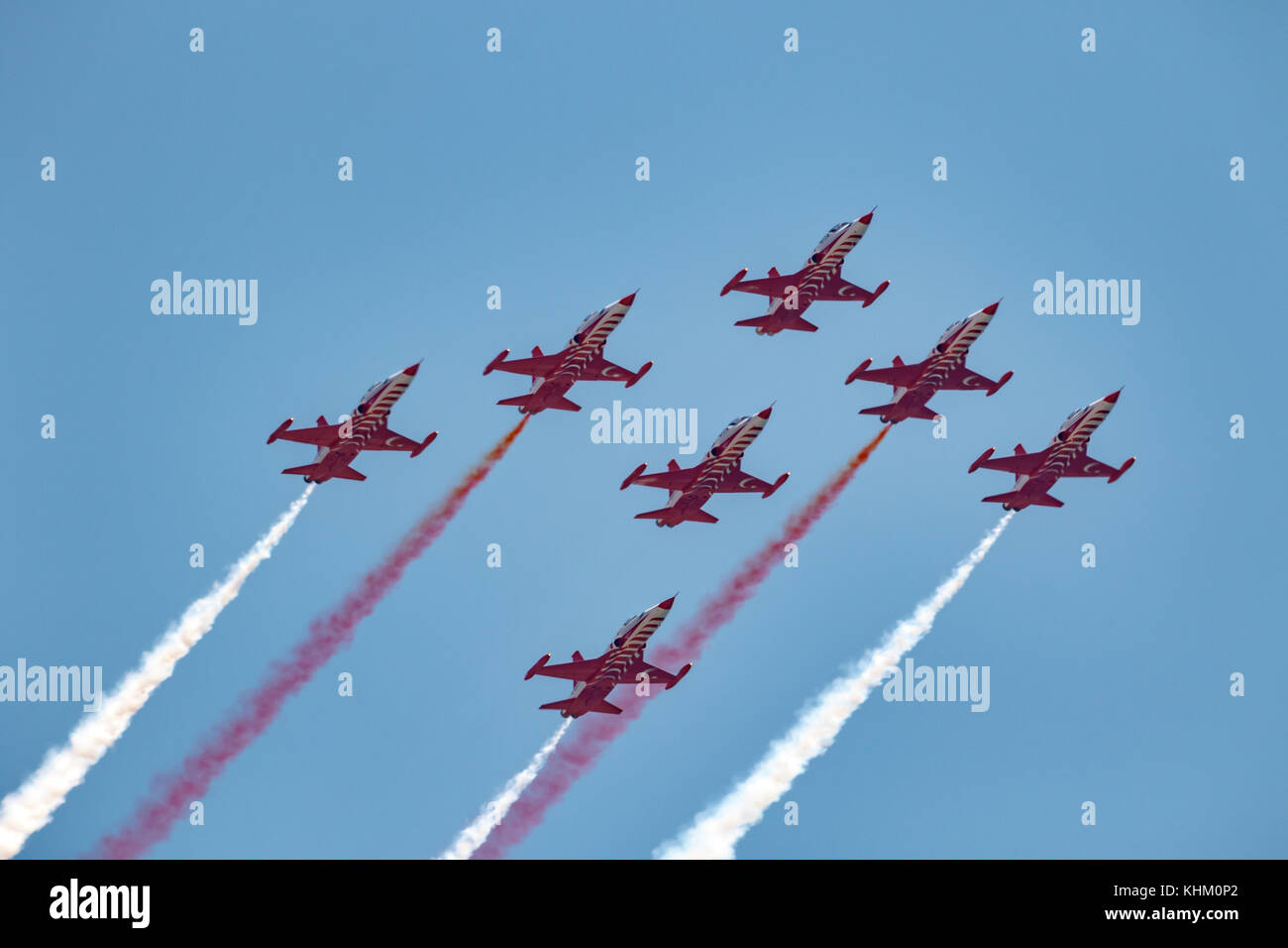 TORRE DEL MAR, MALAGA, SPAIN-JUL 30: Aircraft Northrop F-5 of the Turkish Stars  taking part in a exhibition on the 2nd airshow of Torre del Mar on Ju Stock Photo