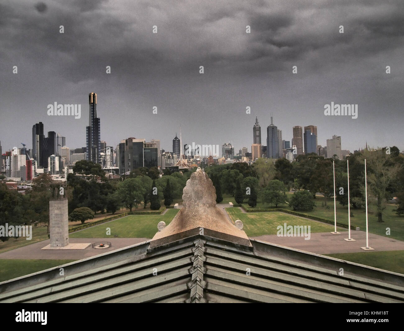 Melbourne Skyline under a dark, stormy sky Stock Photo