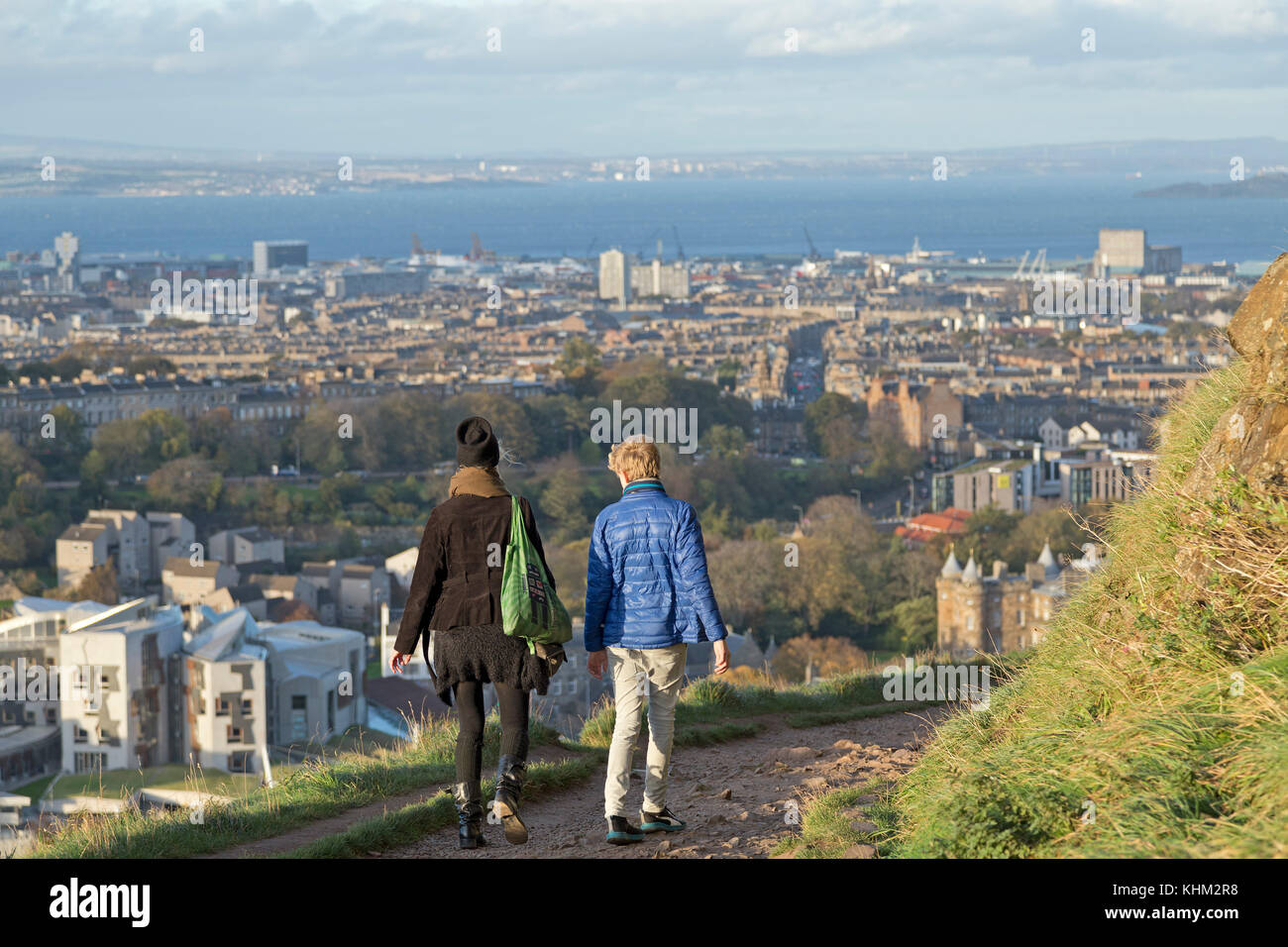 view of Edinburgh and the Firth of Forth from Salisbury Crags, Scotland, Great Britain Stock Photo