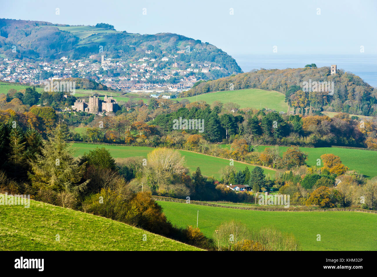 Dunster Castle and Minehead from Hill,, Dunster, Somerset Stock Photo Alamy