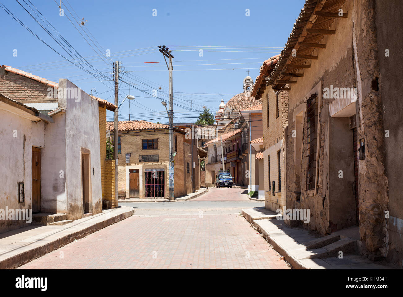 TARATA, COCHABAMBA, BOLIVIA S.A. - OCTOBER 2017: Quiet cobblestone roads of colonial Tarata, Bolivia. Stock Photo