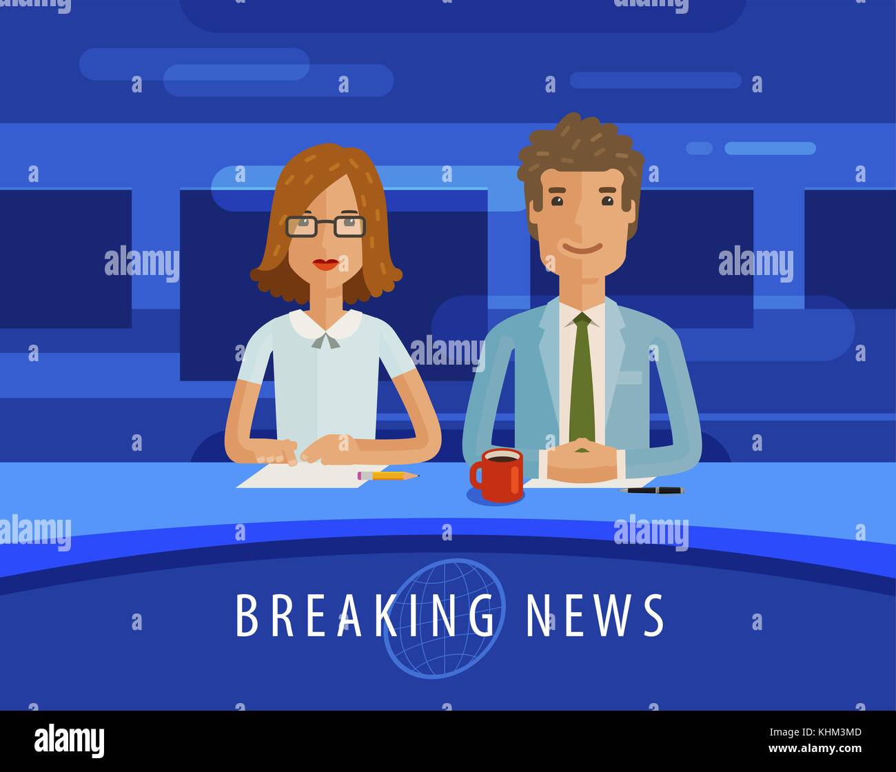Breaking news. Anchorman on tv broadcast. Television, journalism, mass media concept. Vector flat illustration Stock Vector