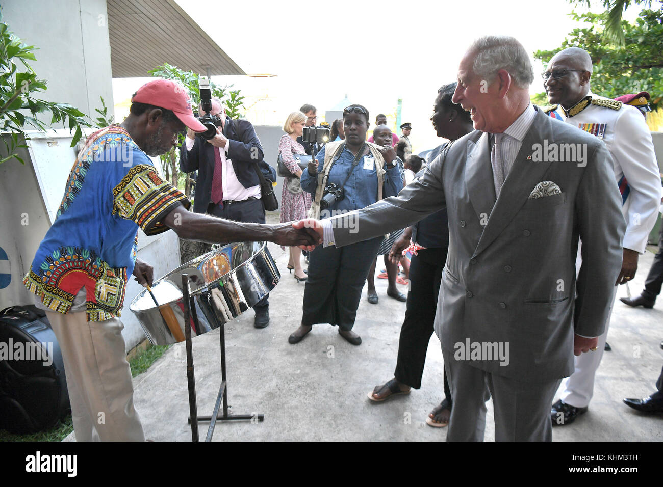 The Prince of Wales during a visit to the temporary shelter at the National Technical Training Centre in Antigua as his tour of hurricane-ravaged Caribbean islands began. Stock Photo