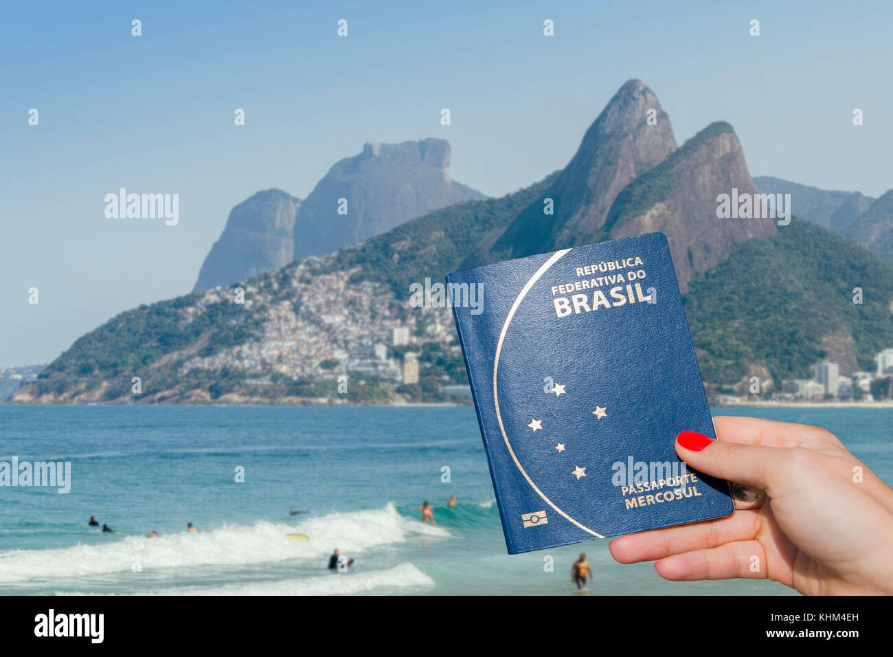 Digital Composite Holding Brazilian Passport With Rio De Janeiro Brazil Beach Background Stock Photo Alamy