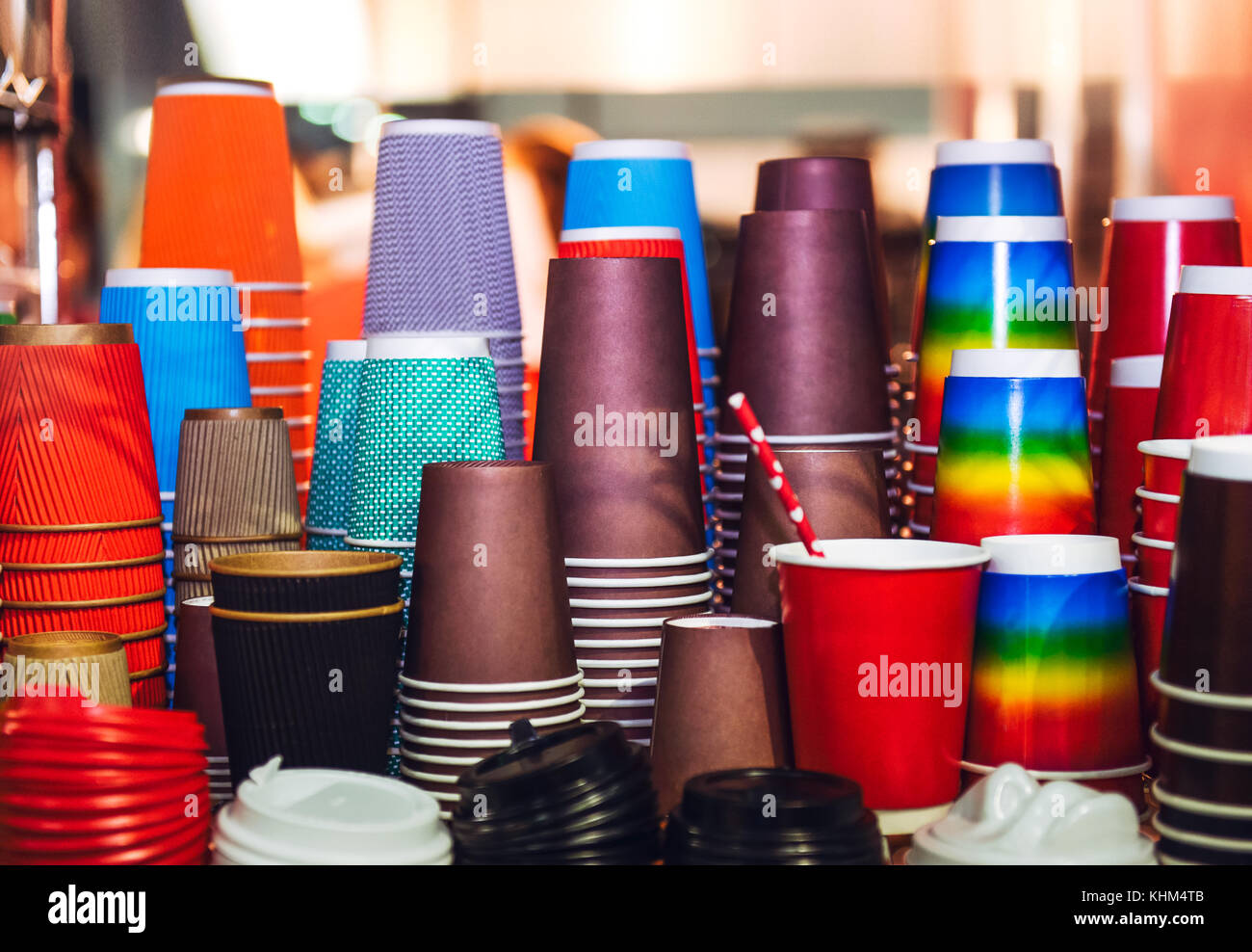 Variety of different size and color takeaway paper coffee cups
