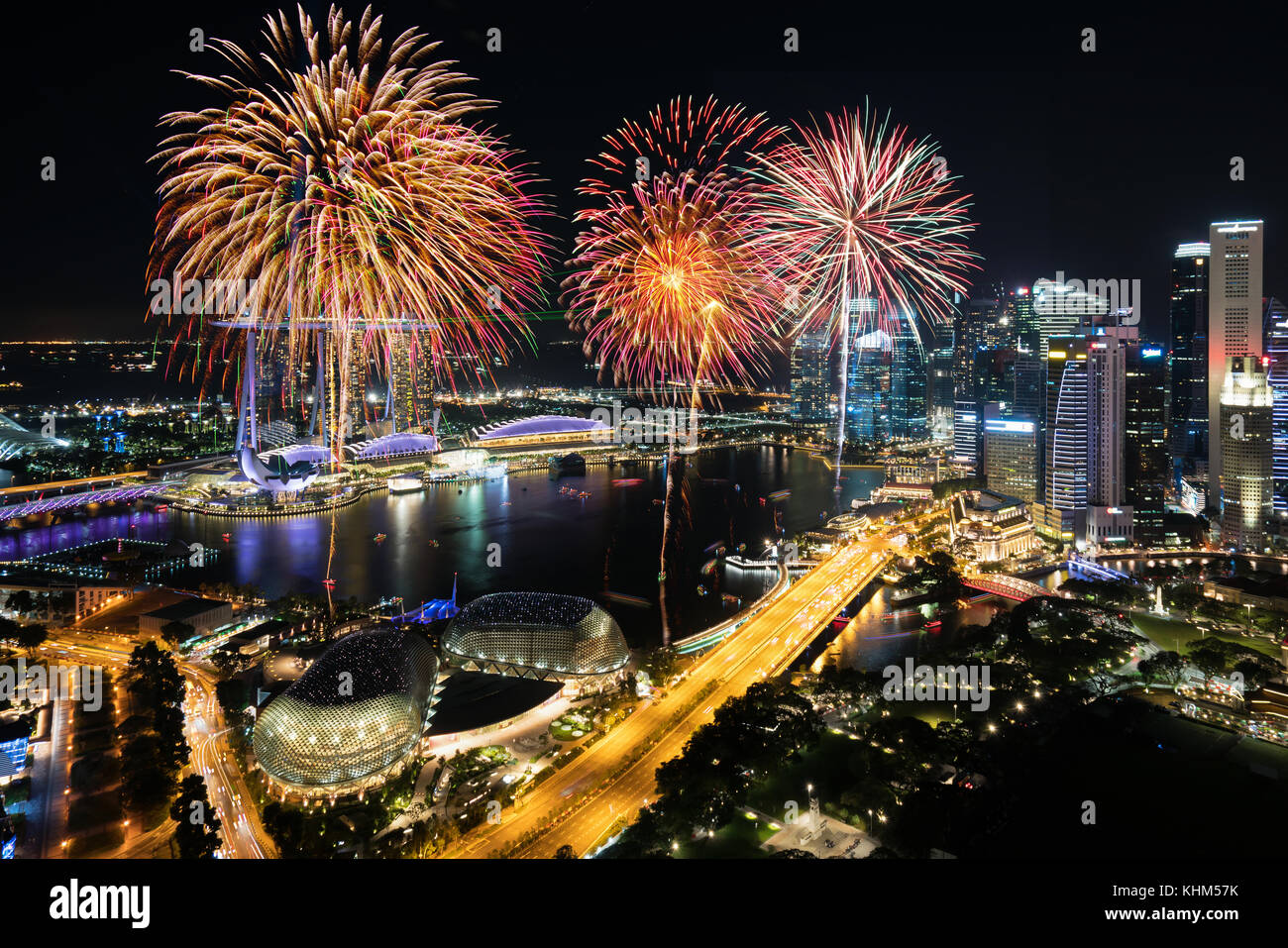 Aerial view of Fireworks celebration over Marina bay in Singapore. New year day 2018 or National day celebration at Singapore. Asia Stock Photo