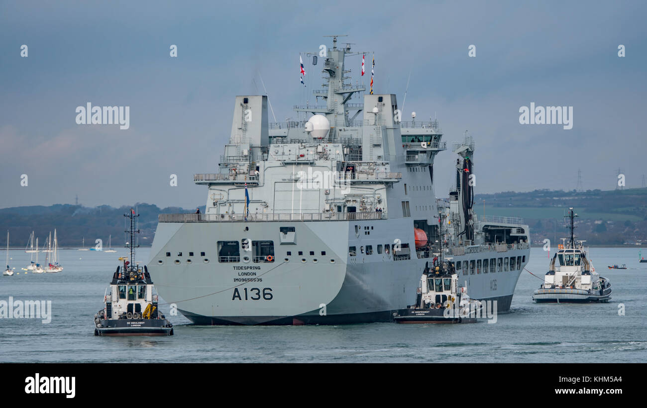 RFA Tidespring, a new naval auxiliary replenishment ship arriving at