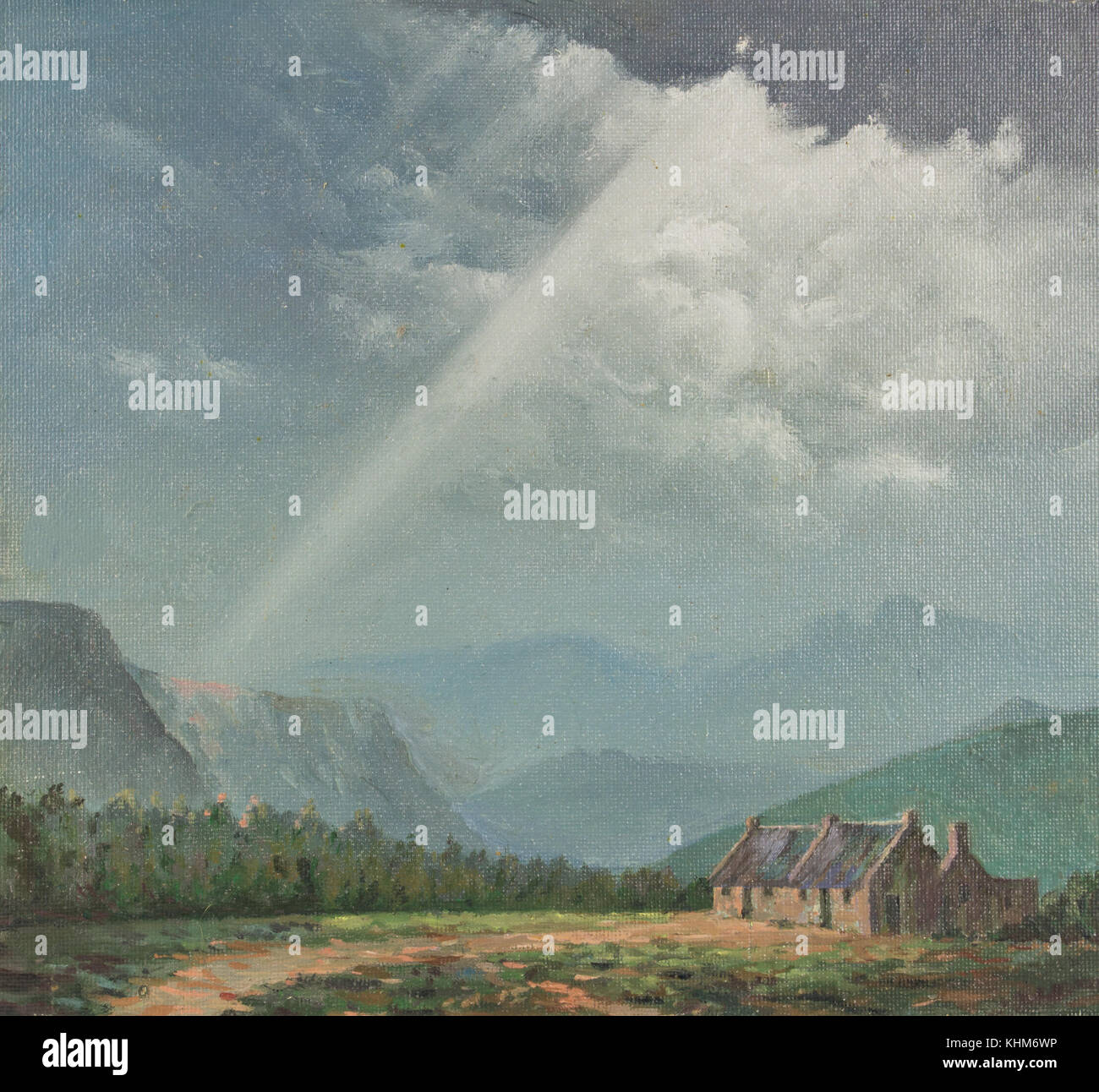 Original oil painting on canvas Terracotta colour farm cottage with