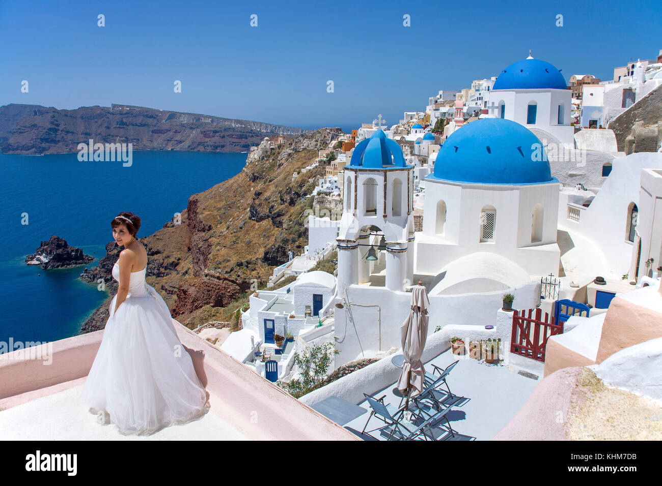 Bridal at orthodox church, famous photo spot at the village Oia, Santorin island, Cyclades, Aegean, Greece Stock Photo