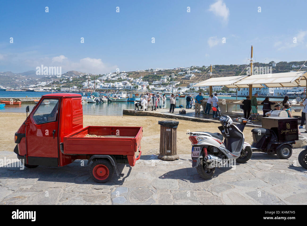 Freight motor tricycle at the fish market, old harbour of Mykonos-town, Mykonos island, Cyclades, Aegean, Greece Stock Photo