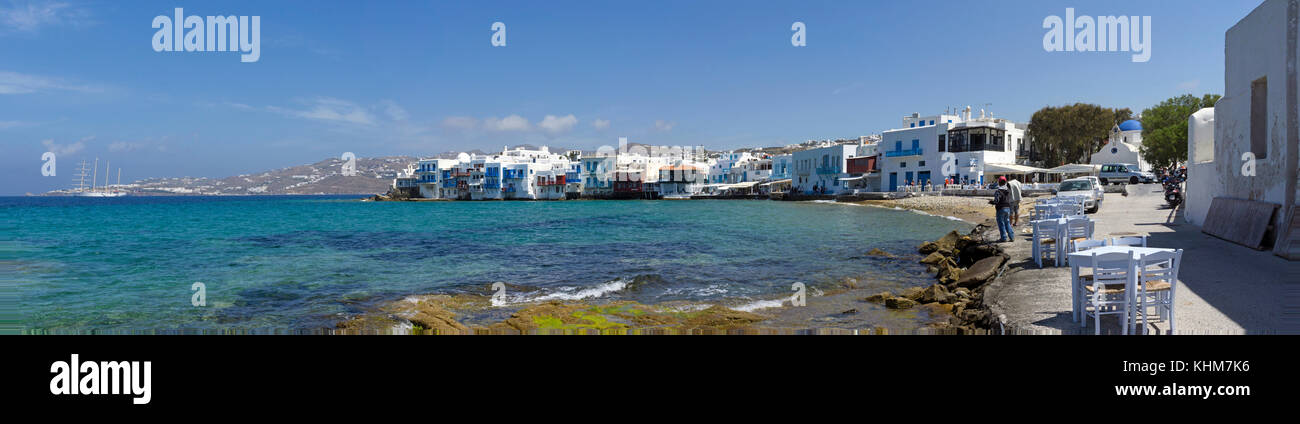 Panoramic view on Little Venice, Mykonos-town, Mykonos island, Cyclades, Aegean, Greece Stock Photo