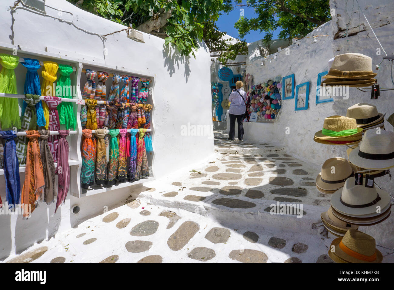 Shops at a alley of Mykonos-town, Mykonos island, Cyclades, Aegean, Greece Stock Photo
