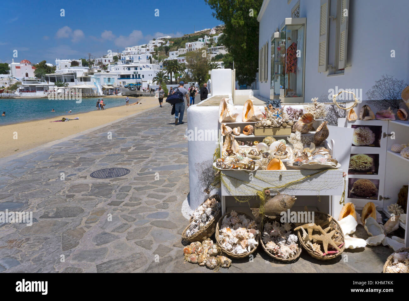 Sea animals as souvenirs at a shop, beach at Mykonos-town, Mykonos island, Cyclades, Aegean, Greece Stock Photo