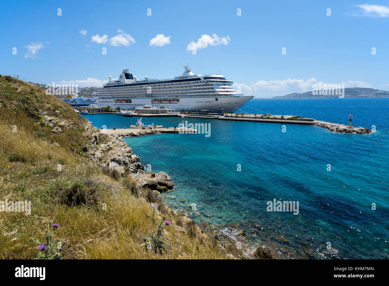 Cruise ship at the new harbour of Mykonos island, Cyclades, Aegean, Greece Stock Photo