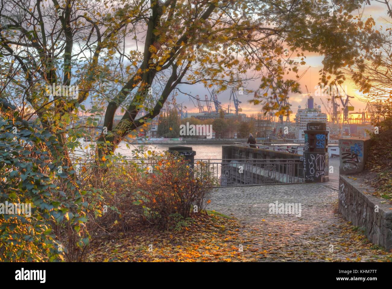 Sankt-Pauli-Landing Bridges and Harbor in Autumn at Evening, Hamburg, Germany, Europe I  Herbststimmung bei den St.-Pauli-Landungsbrücken bei Sonnenun Stock Photo