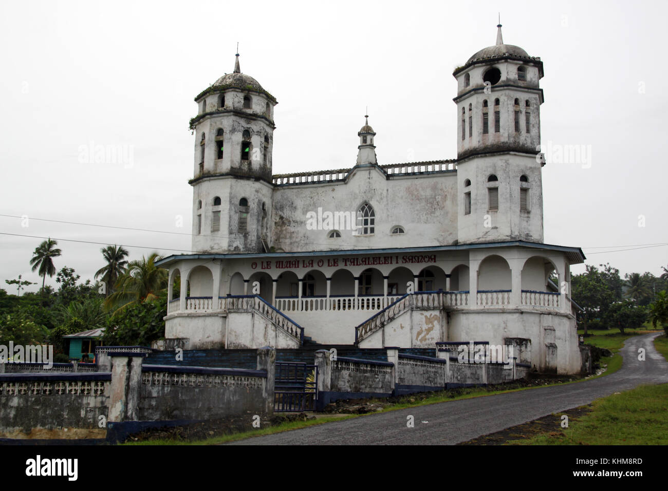 Gray church near the road in Savaii island, Samoa Stock Photo