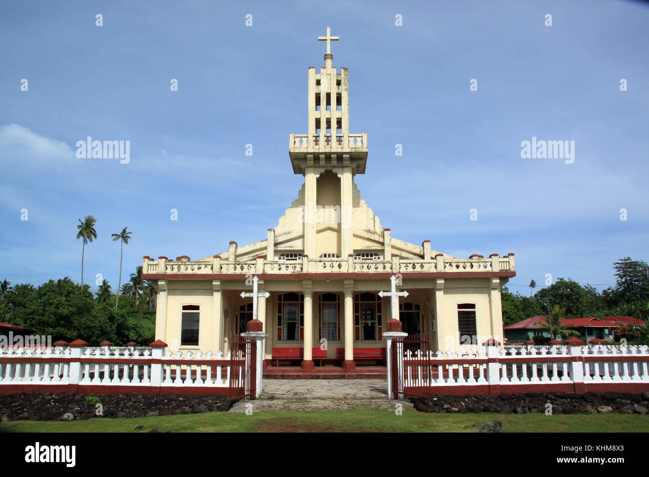 Church with tall tpwer in Savaii island, Samoa Stock Photo