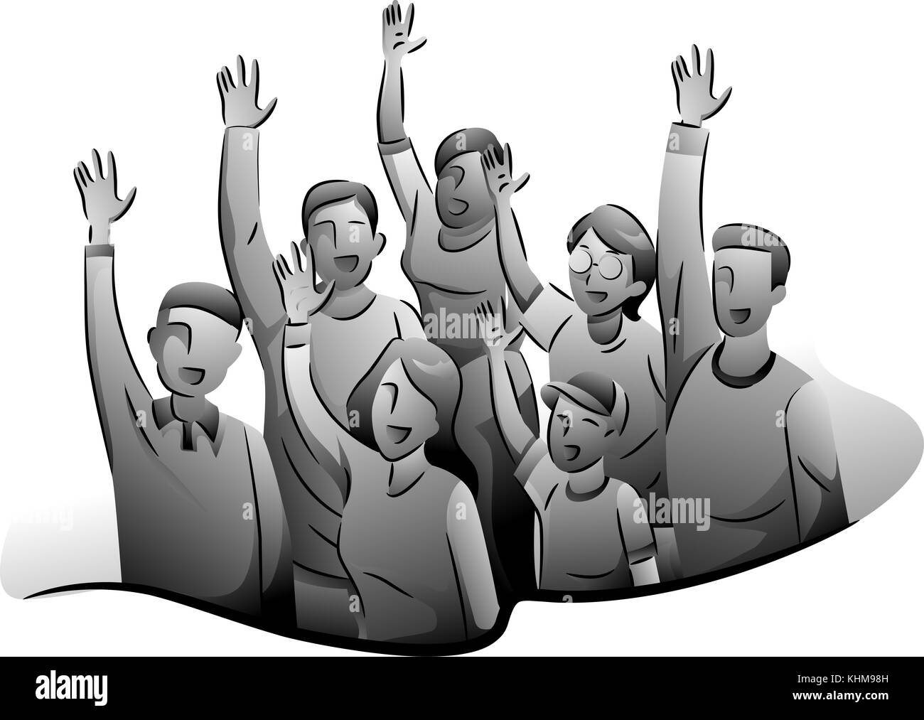 Black and White Illustration of Enthusiastic Volunteers Raising Their ...