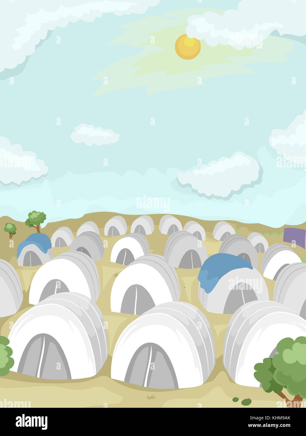 Illustration of a Refugee Camp in the Desert Populated With White Tents Stock Photo