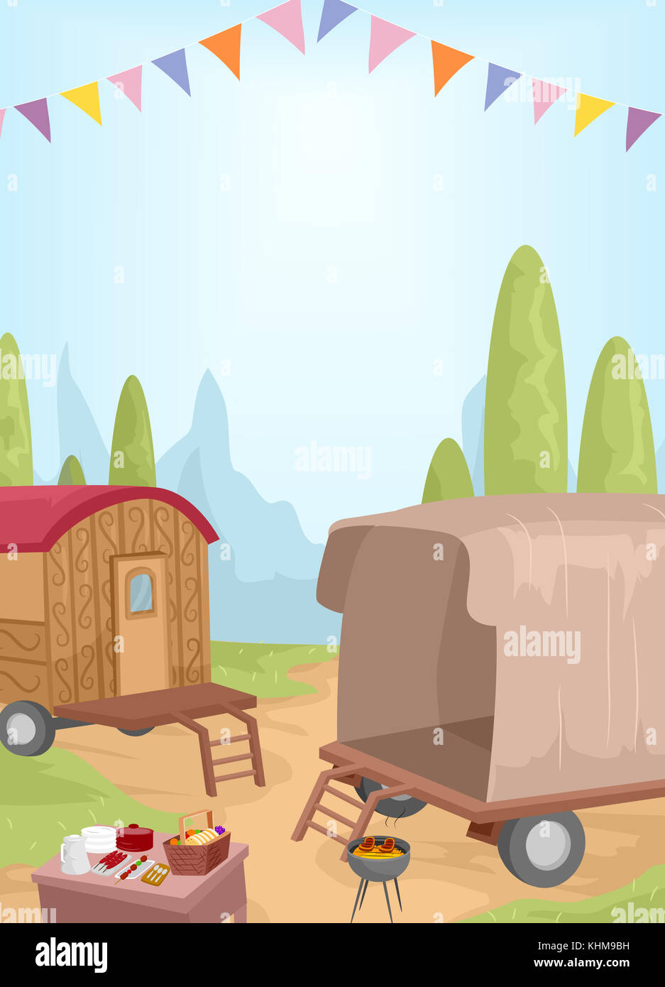 Landscape Illustration Featuring a Caravan Being Used for an Outdoor Picnic Stock Photo