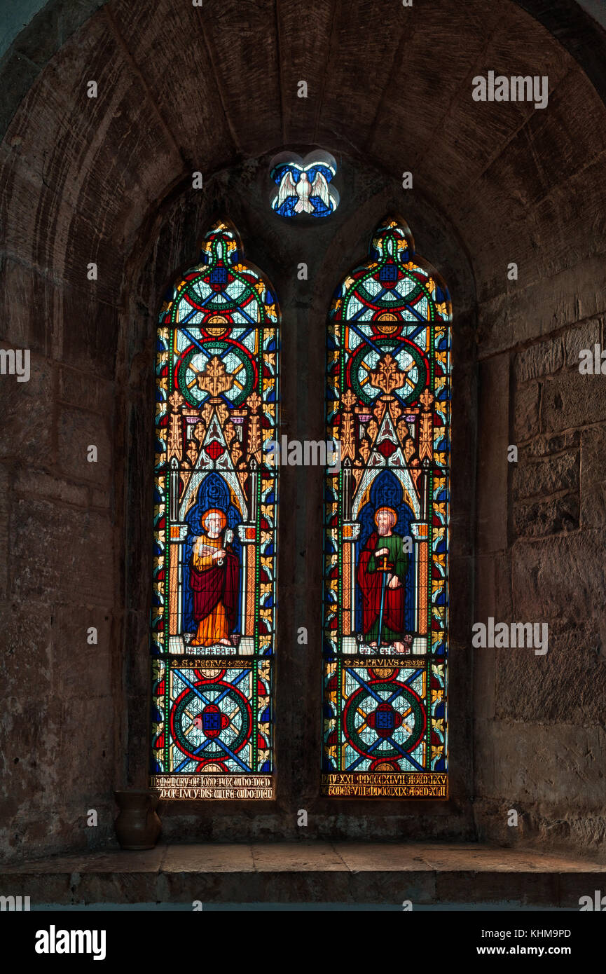 Stained Glass window in St Edward church, Stow on the Wold, Gloucestershire, Cotswolds, England Stock Photo