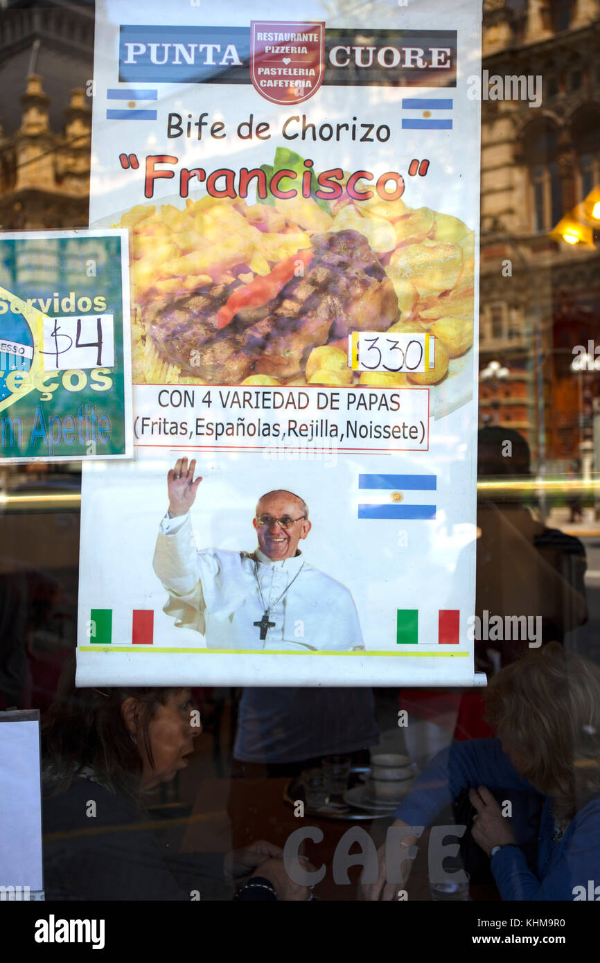 The 'Francisco' steak, in homage to the pope, on sale in a restaurant-bar on Avenida Cordoba. Recoleta, Buenos Aires, Argentina. Stock Photo