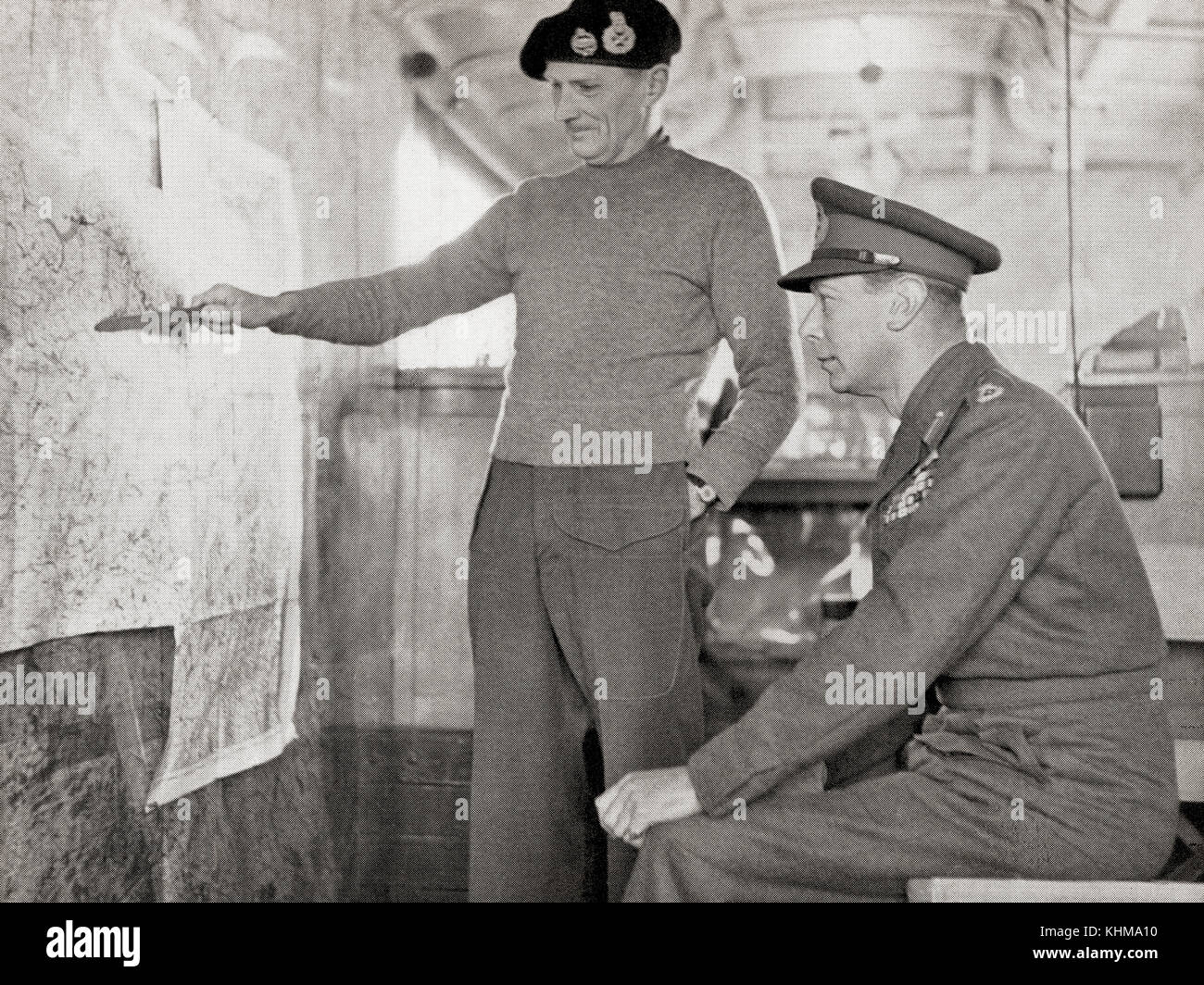 King George VI in the map lorry at Field-Marshal Montgomery's H.Q. in Holland, 1940. Left, Field Marshal Bernard Law Montgomery, 1st Viscount Montgomery of Alamein, 1887 – 1976, nicknamed 'Monty' and the 'Spartan General'.  Senior British Army officer, right, George VI, 1895 – 1952.  King of the United Kingdom and the Dominions of the British Commonwealth. Stock Photo