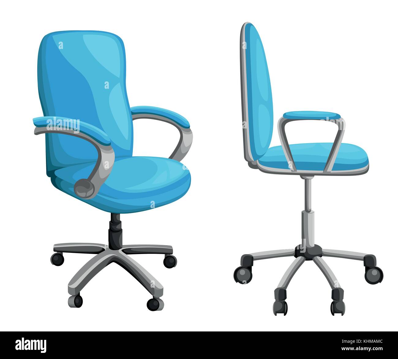 Office or desk chair in various points of view. Armchair or stool in front, back, side angles. Corporate castor furniture flat icon design. Vector ill Stock Vector