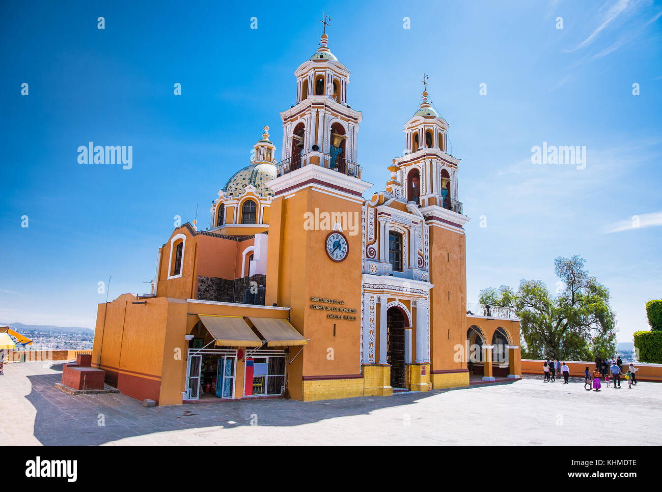 Santuario de los remedios, Cholula, Puebla, Mexico (Orange colonial catholic church with two bell towers built atop Tlachihualtepetl mayan pyramid) Stock Photo