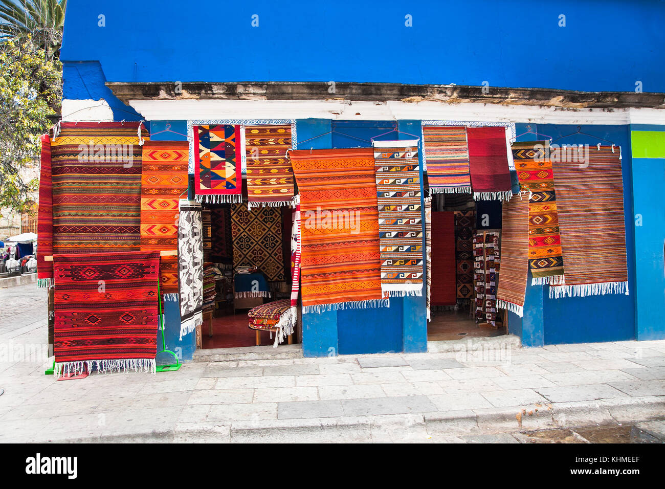 Shop of traditional Mexico rugs in Oaxaca, Mexico. Stock Photo