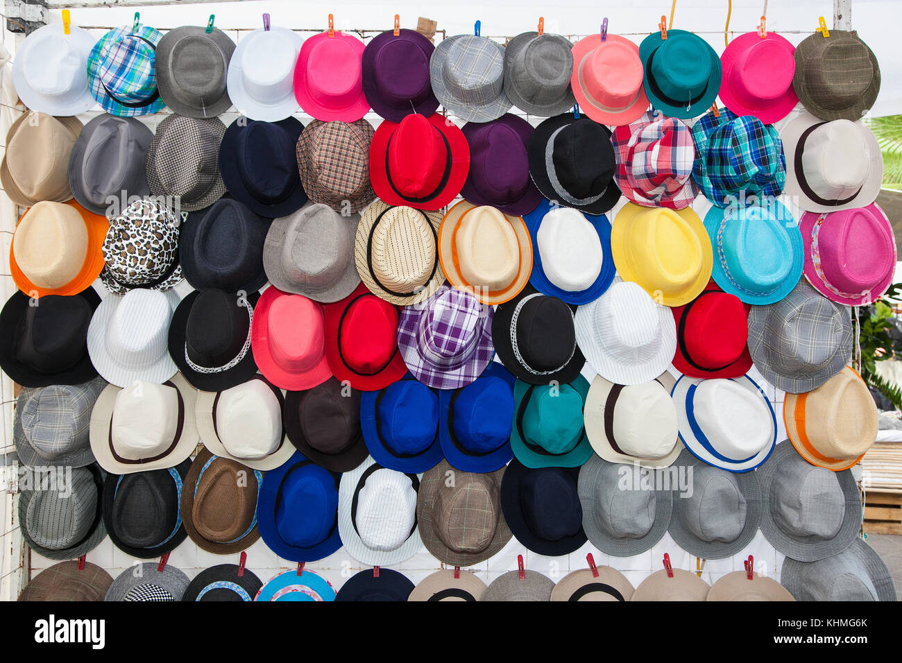 Street market selling hats in Oaxaca, Mexico. Stock Photo