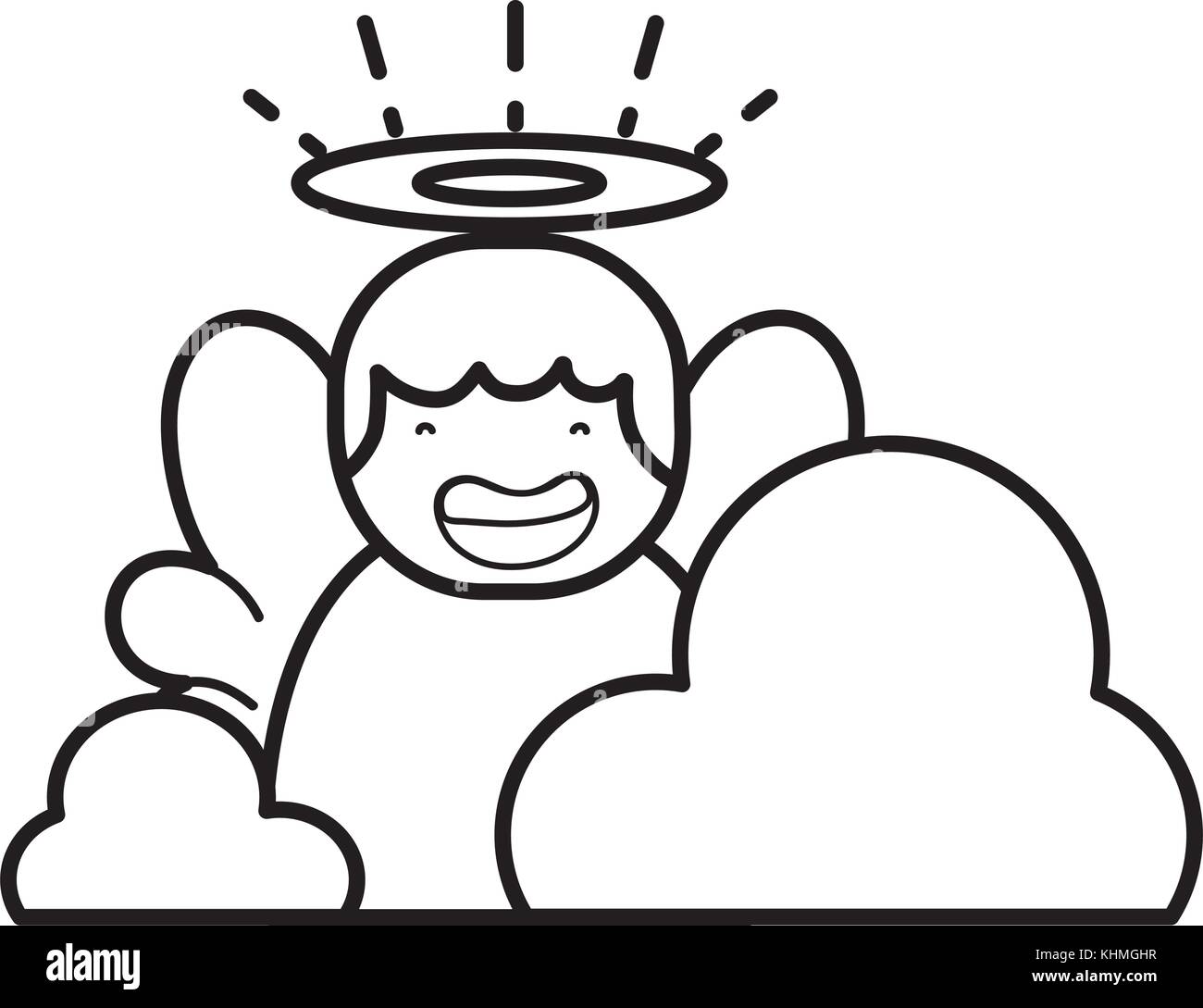 line cute angel with aureole and wings with clouds vector illustration ...