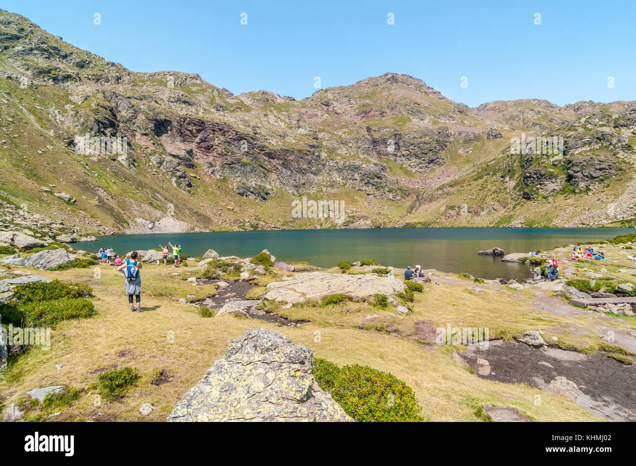 view of high mountain lake called 'Estany de més amunt' near Ordino, Tristaina, Andorra Stock Photo
