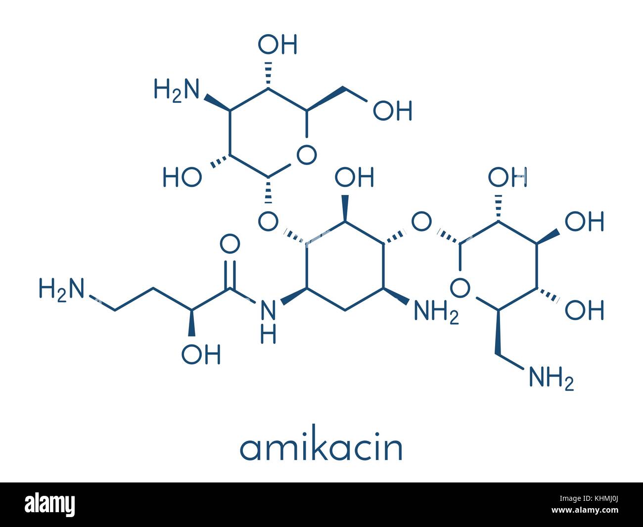 Amikacin aminoglycoside antibiotic molecule. Mostly used as last-resort treatment of multidrug-resistant Gram-negative bacteria. Skeletal formula. Stock Vector