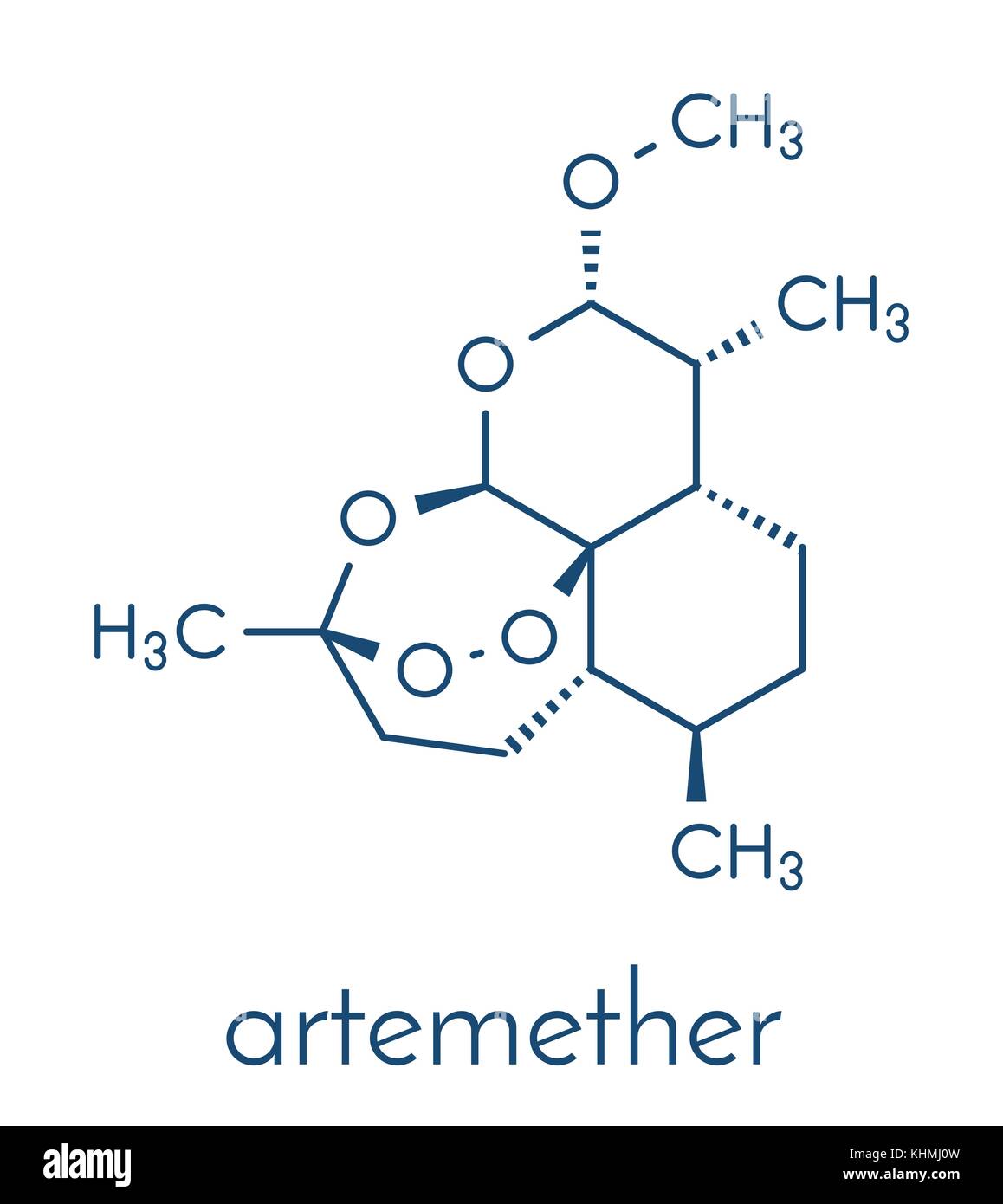 Artemether malaria drug molecule. Active against schizonts of Plasmodium falciparum and vivax. Methyl ether derivative of artemisinin. Skeletal formul Stock Vector