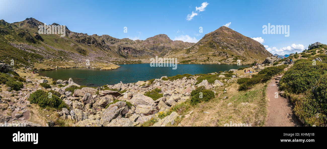 panoramic view of high mountain lake called 'Estany del mig' - midle lake,  near Ordino, Tristaina, Andorra Stock Photo