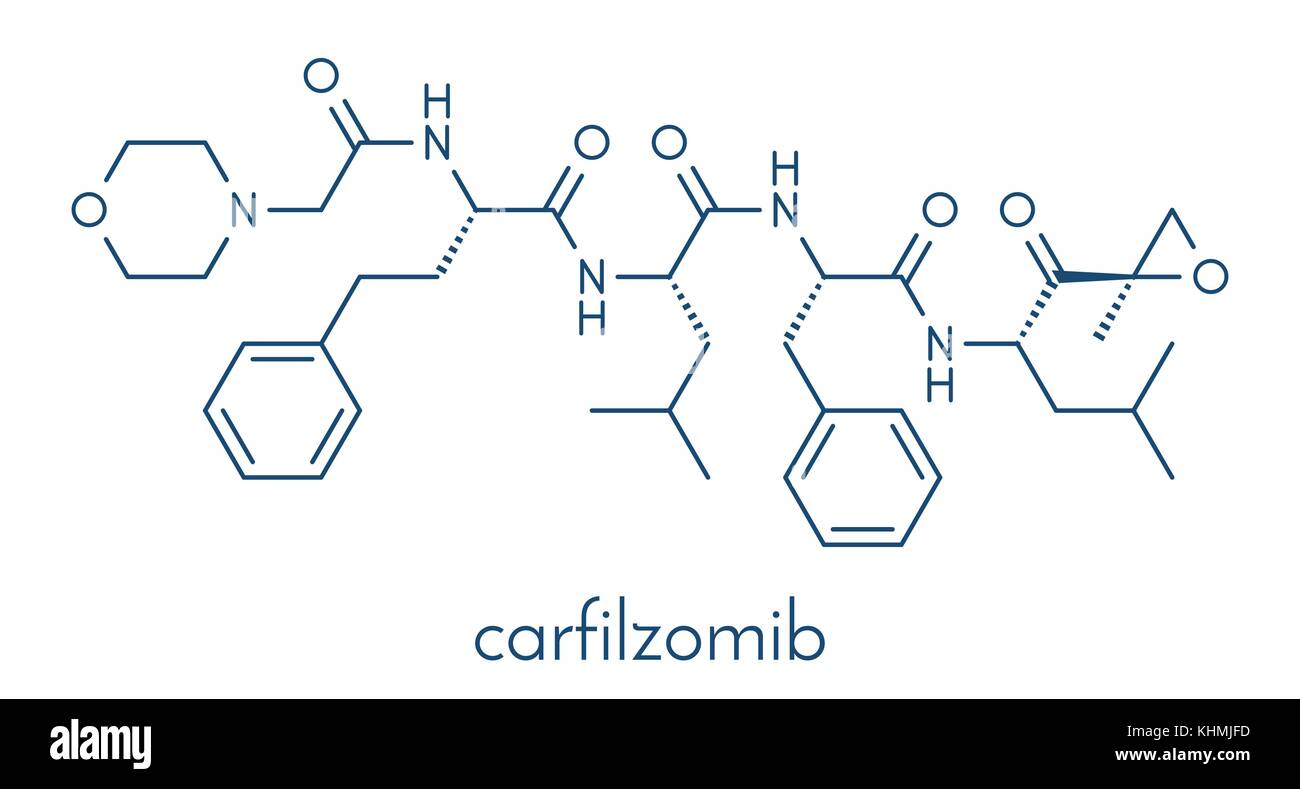 Carfilzomib (CFZ) multiple myeloma cancer drug molecule. Proteasome inhibitor derived from natural product epoxomicin. Skeletal formula. Stock Vector