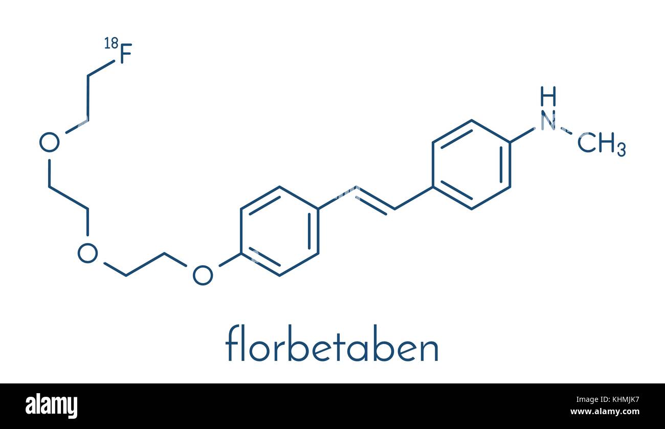 Florbetaben radiopharmaceutical molecule. Used for imaging of beta-amyloid plaques in Alzheimer's disease by PET. Skeletal formula. Stock Vector