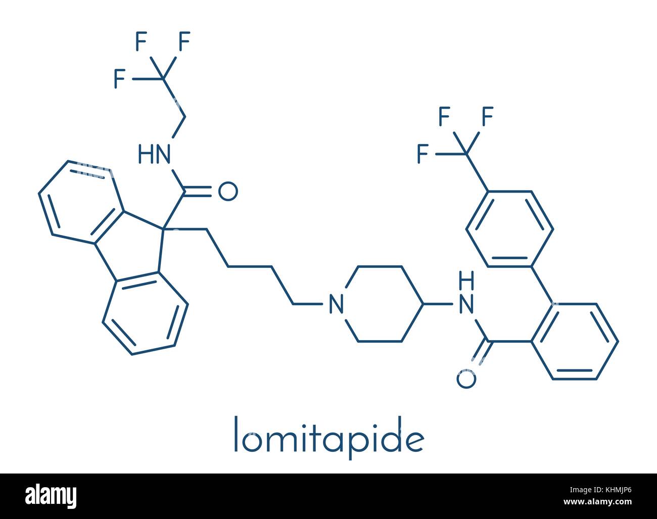 Lomitapide cholesterol lowering drug molecule. Used in treatment of homozygous familial hypercholesterolemia. Skeletal formula. Stock Vector