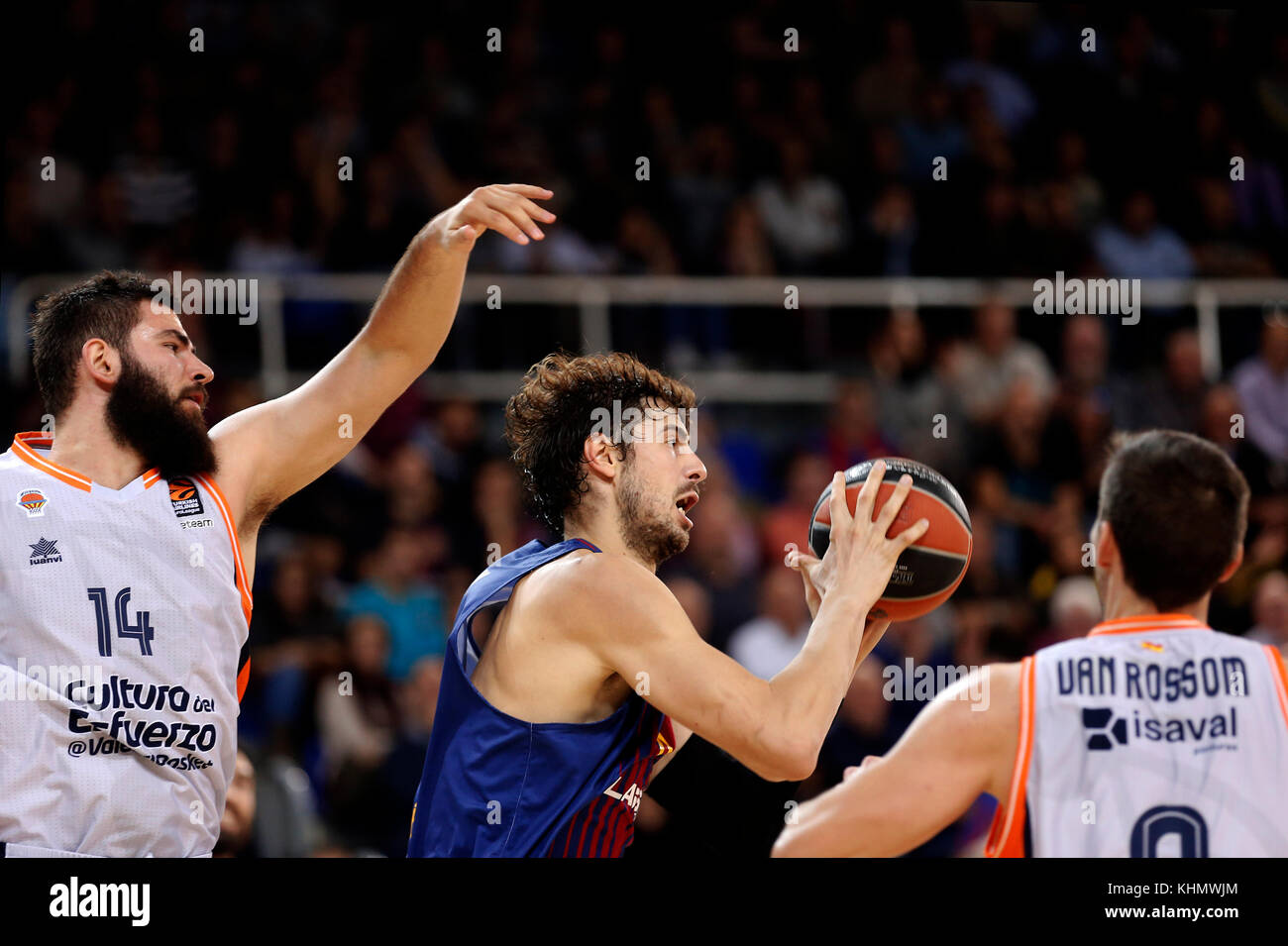 Bojan Dubljevic and Ante Tomic during the match between FC Barcelona v  Valencia Basket Club corresponding to the week 8 of the basketball  Euroleague, in Barcelona, on November 17, 2017. Credit: Gtres