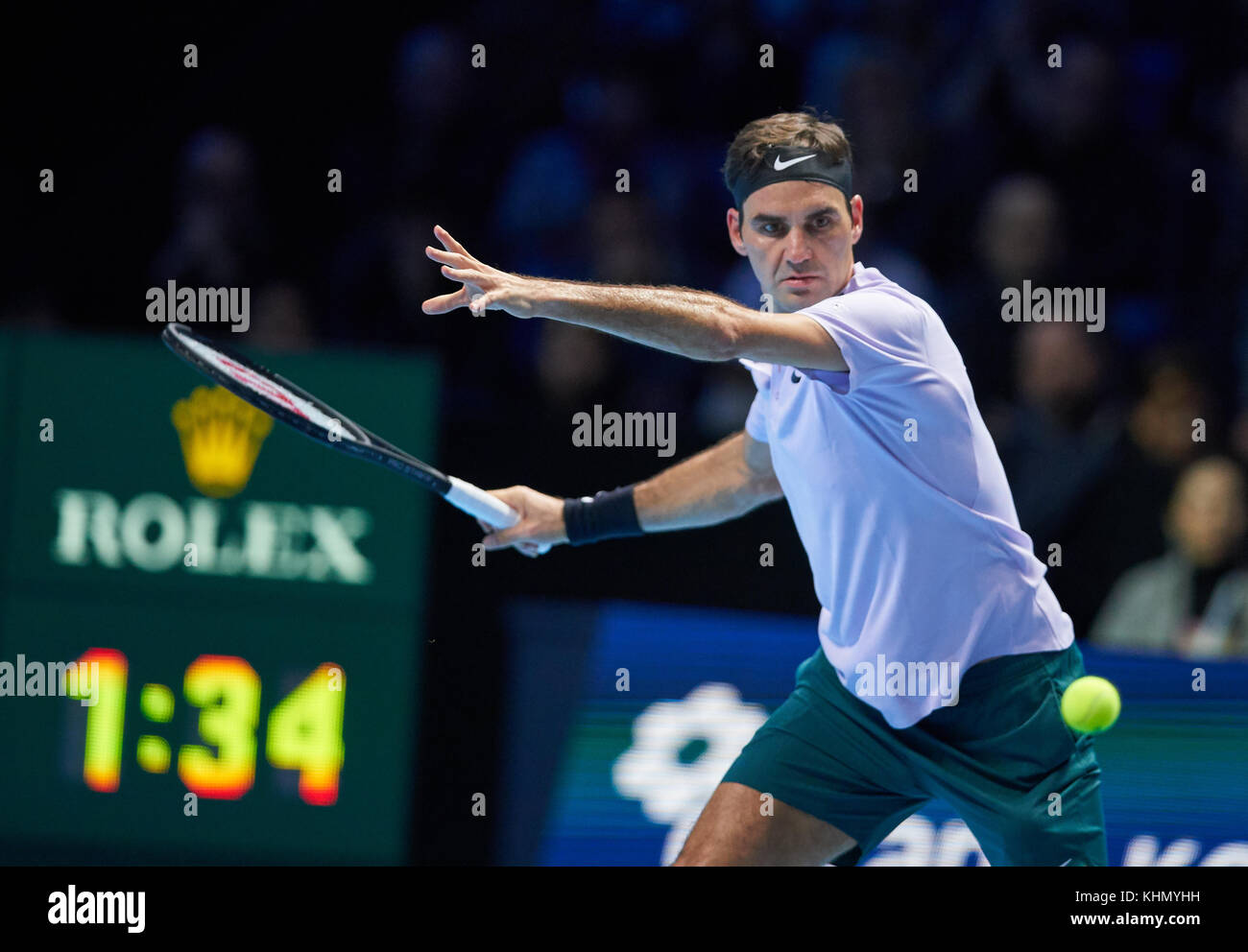 ATP Tennis, London, November 18, 2017 Roger FEDERER, SUI in action, Sponsor  Rolex Roger FEDERER, SUI vs David GOFFIN, BEL 6-2, 3-6, 4-6 at the NITTO ATP  FINALS Tennis men in Millenium